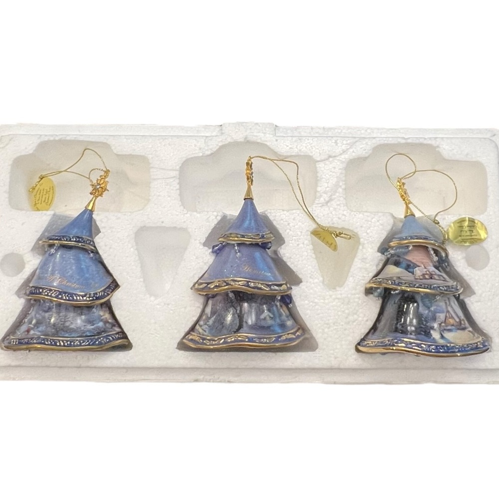 Thomas‎ Kinkade Bradford Exchange Christmas Ornament 3 Trees Heirloom Blue Gold